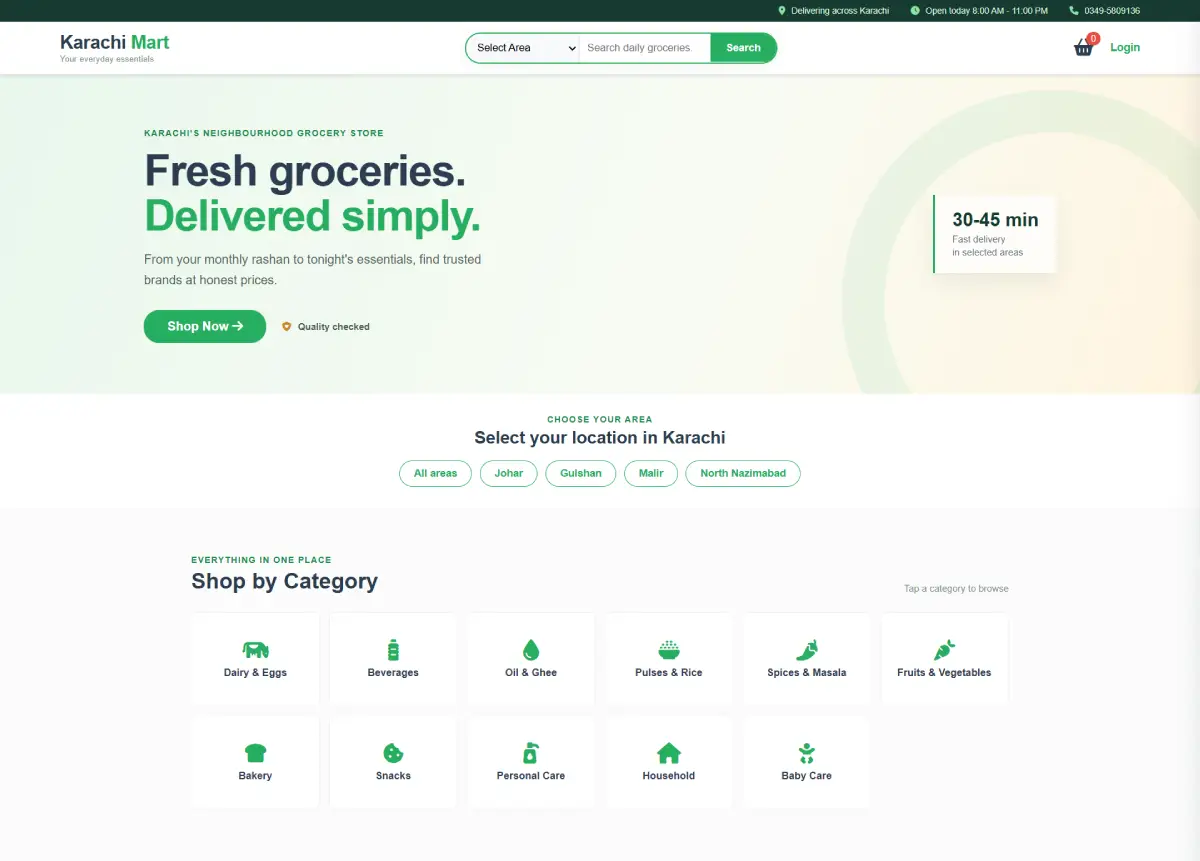 Karachi Mart grocery store homepage with delivery area selector
